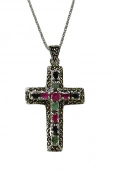 Colier din argint cu piatra rubin, safir, smarald si marcasite
